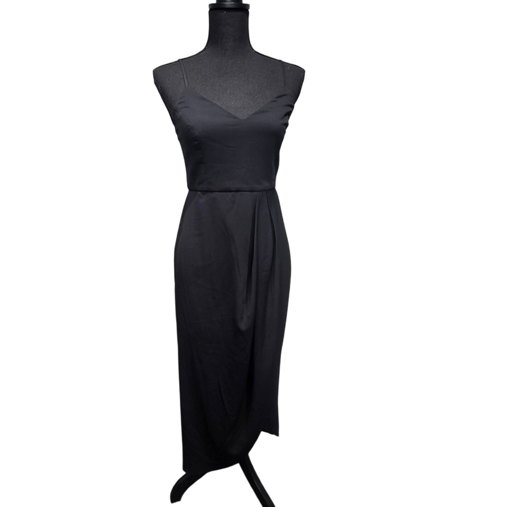 Lulus Reinette‎ Black Midi Cocktail Dress S Pleated Side Slit Spaghetti Strap